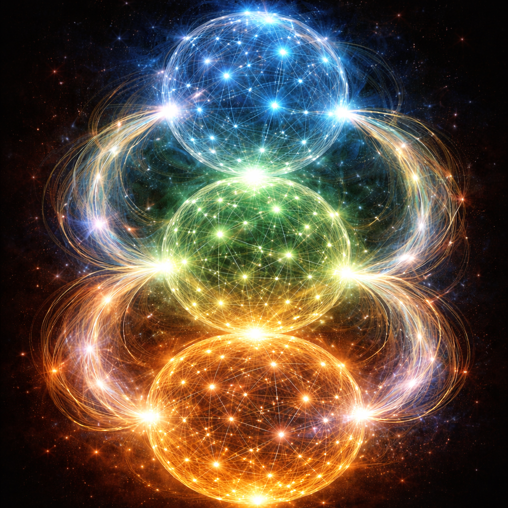 Esferas luminosas interligadas representando camadas de ressonância e harmonização energética.